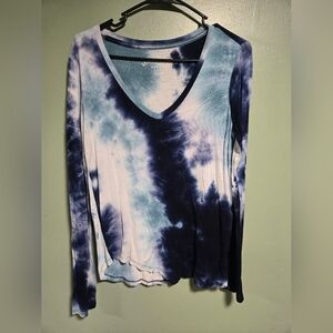 Blue and White Long Sleeve Tie-Dye Blouse